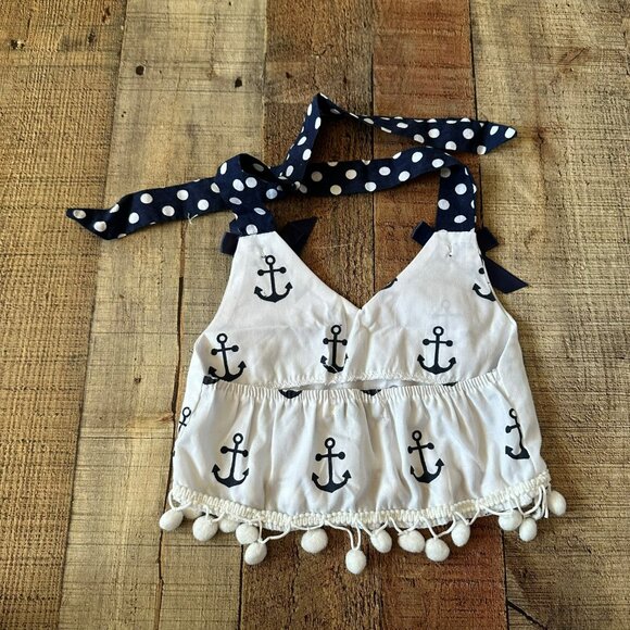 Nautical Anchor Print Toddler Halter Top With Polka Dot Straps & Pom-Pom Trim - Picture 6 of 7